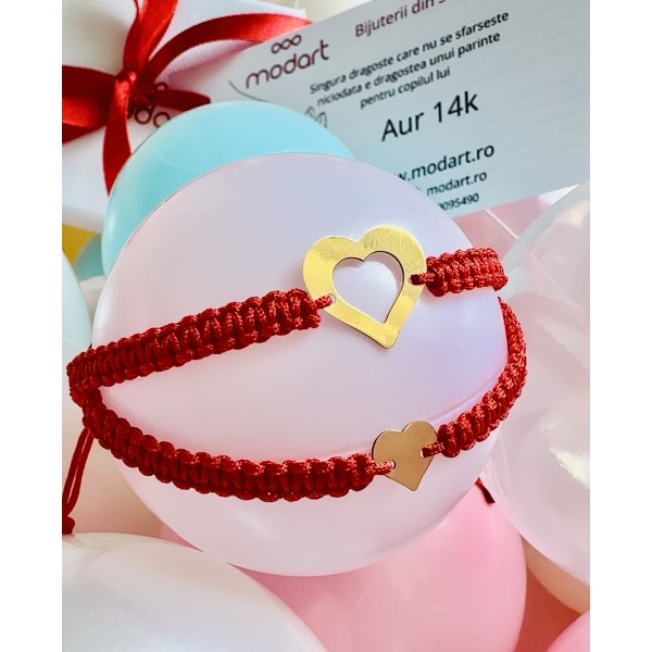 Set mama fiica bratari aur 14 K, mama si copil, bratara snur rosu bebelus/nou nascut, talisman rosu deochi, aur 14k, snur reglabil, inima si inima decupata, auriu