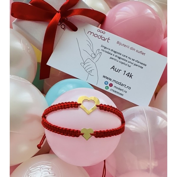 Set mama fiica bratari aur 14 K, mama si copil, bratara snur rosu bebelus/nou nascut, talisman rosu deochi, aur 14k, snur reglabil, inima si inima decupata, auriu