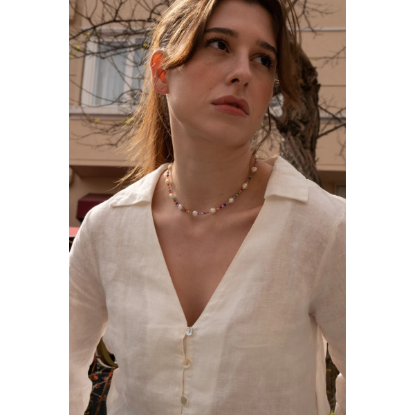 Colier aur dama la baza gatului, colier perle naturale cu aur, inchidere aur 14k, coliere din aur cu perle de cultura si mix cristale summer, colier pietre naturale