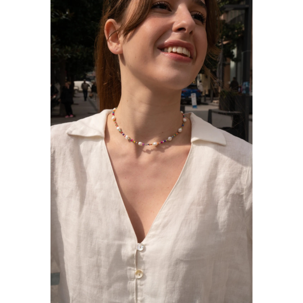 Colier aur dama la baza gatului, colier perle naturale cu aur, inchidere aur 14k, coliere din aur cu perle de cultura si mix cristale summer, colier pietre naturale