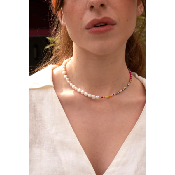 Colier perle naturale cu aur , colier aur la baza gatului, inchidere aur 14k, coliere din aur cu perle de cultura si mix cristale summer, colier pietre naturale