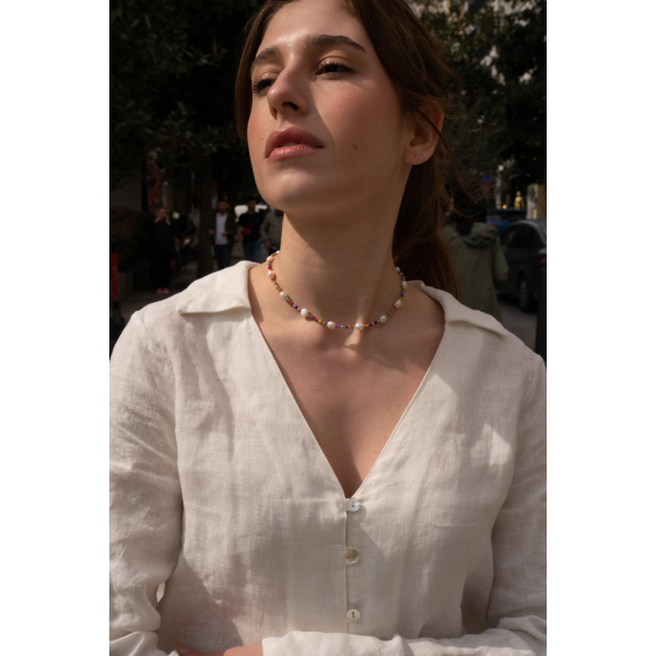 Colier aur dama la baza gatului, colier perle naturale cu aur, inchidere aur 14k, coliere din aur cu perle de cultura si mix cristale summer, colier pietre naturale