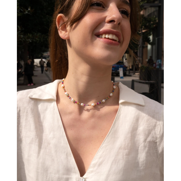 Colier aur dama la baza gatului, colier perle naturale cu aur, inchidere aur 14k, coliere din aur cu perle de cultura si mix cristale summer, colier pietre naturale