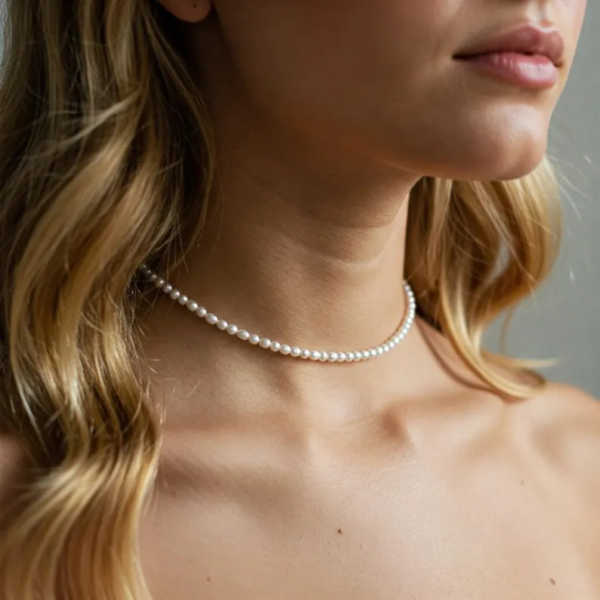 Colier perle de cultura cu inchidere aur 14k, colier perle naturale 3 mm, colier de aur la baza gatului cu perle, colier dama, forma neregulata, 3 mm, 9 gr