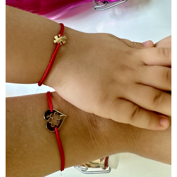 Set bratari de aur 14k mama si copil/bebe, set mama fiica aur 14k, snur reglabil, figurina inima decupata si piesa puzzle, auriu