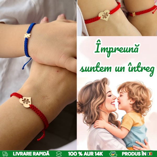 Set bratari de aur 14k mama si copil/bebe, set mama fiica aur 14k, snur reglabil, figurina inima decupata si piesa puzzle, auriu