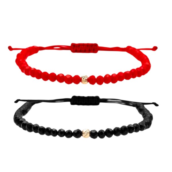 Set 2 bratari bilute aur pentru cuplu, bile 3 mm aur 14k, dama/barbat, set bratari aur cupluri, snur reglabil rosu/negru, cristale rondele