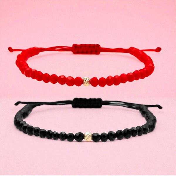 Set 2 bratari bilute aur pentru cuplu, bile 3 mm aur 14k, dama/barbat, set bratari aur cupluri, snur reglabil rosu/negru, cristale rondele