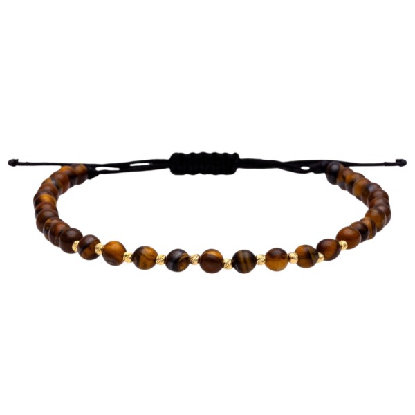 Bratara 10 bilute aur 14k si ochi de tigru natural, bile aur 14k striate, barbat/dama, bilute aur 2 mm, snur gros din matase, sfere ochi de tigru