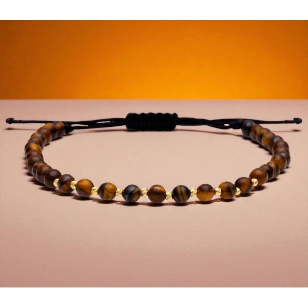 Bratara 10 bilute aur 14k si ochi de tigru natural, bile aur 14k striate, barbat/dama, bilute aur 2 mm, snur gros din matase, sfere ochi de tigru