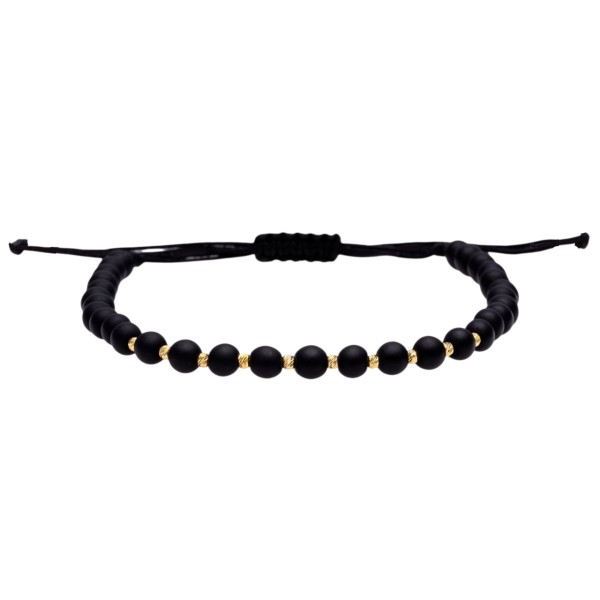 Bratara 10 sfere aur 14k si onix negru natural, bile aur 14k striate, barbat/dama, bilute aur 2 mm, snur gros din matase, piatra naturala onix negru lucios