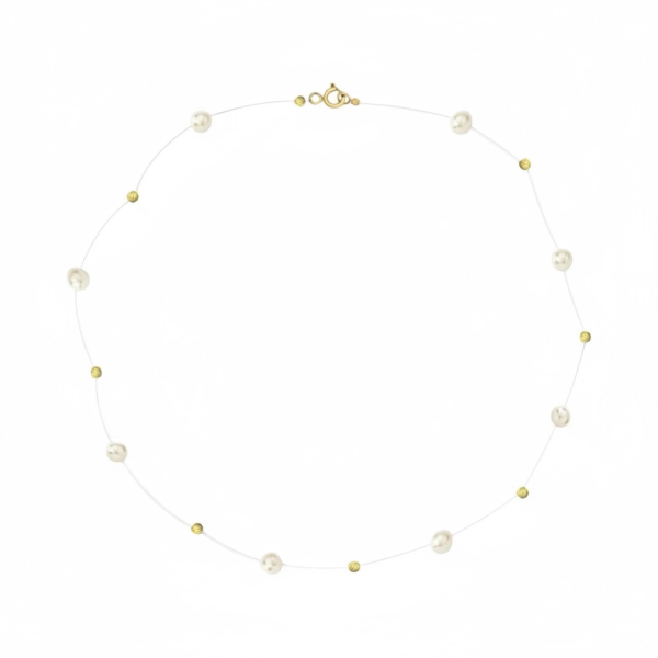 Colier floating pearls aur 14km,  colier fir transparent aur 14k, perle mici de cultura sau cristale fatetate, la alegere