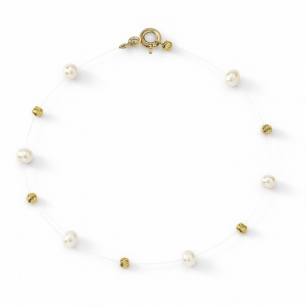 Bratara floating pearls aur 14k si perle de cultura, bratara fir transparent cu bilute si inchidere aur 14k, bratara eleganta aur 14k