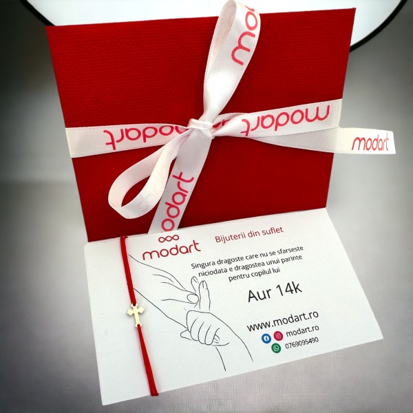 Bratara cruce din aur 14k, dama/copil/barbat/bebelus, aur 14k, snur rosu reglabil, mini figurina cruciulita, auriu