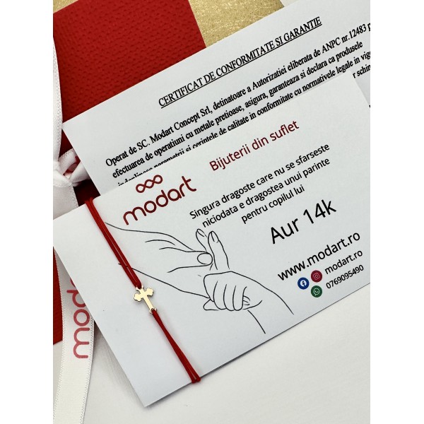 Bratara cruce din aur 14k, dama/copil/barbat/bebelus, aur 14k, snur rosu reglabil, mini figurina cruciulita, auriu