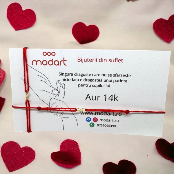 Set bratari de aur mama si copil, aur 14k, snur reglabil rosu, mini figurina infinit