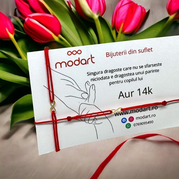 Set bratari de aur mama si copil, aur 14k, snur reglabil rosu, mini figurina infinit