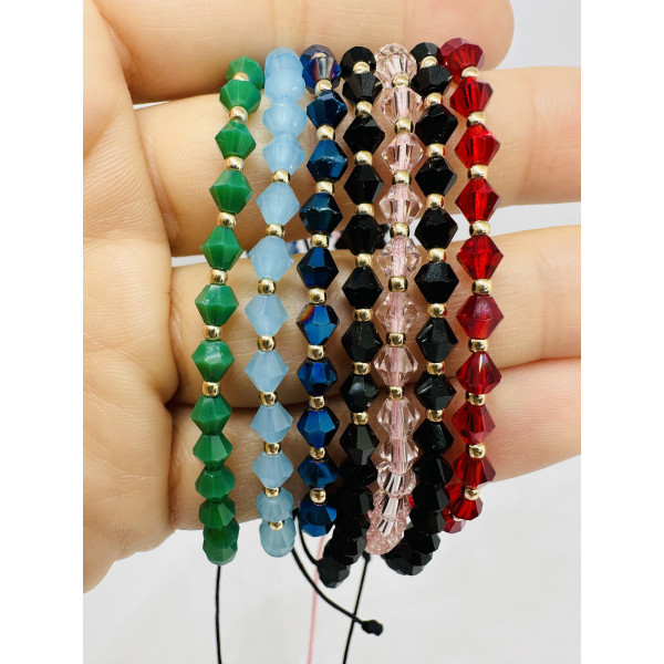 Bratara cu 10 bile aur 14k striate/simple si cristale de sticla biconice fatetate, barbat/dama, bilute aur 14k, snur gros, impletit din matase