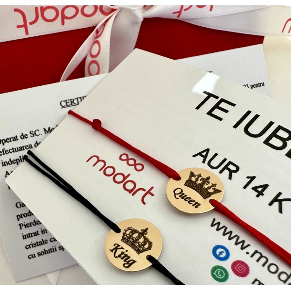 Set bratari aur cuplu, bratari cupluri aur 14k, banut 12 mm gravat,  dama/barbat,  snur reglabil rosu/negru, aur galben