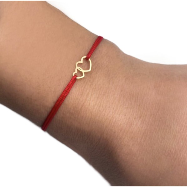 Bratara inimi aur, bebe/dama/copil/bebelus, piesa aur 14k, snur reglabil gros impletit sau snur simplu, mini figurina 2 inimi, hearts, auriu