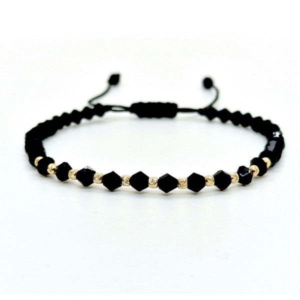 Bratara cu 10 bile aur 14k striate/simple si cristale de sticla biconice fatetate, barbat/dama, bilute aur 14k, snur gros, impletit din matase