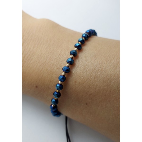 Bratara cu 5 bile din aur 14k cu miyuki auriu si cristale de sticla fatetate, dama/barbat, aur 14k, snur reglabil de matase