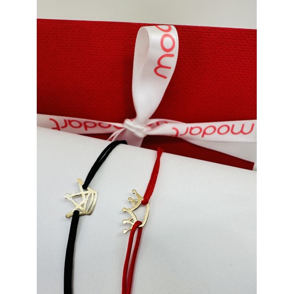 Set bratari aur cupluri, aur 14k, dama/barbat, coronita rege si regina, snur reglabil rosu/negru, auriu