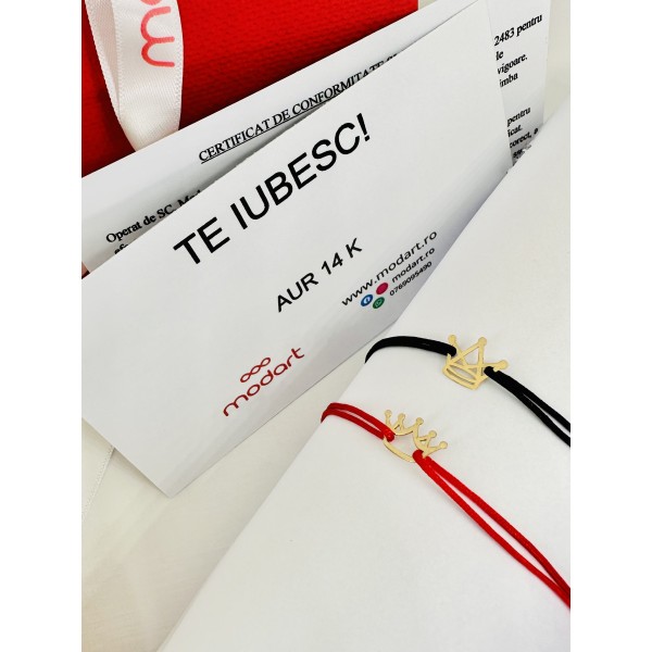 Set bratari aur cupluri, aur 14k, dama/barbat, coronita rege si regina, snur reglabil rosu/negru, auriu