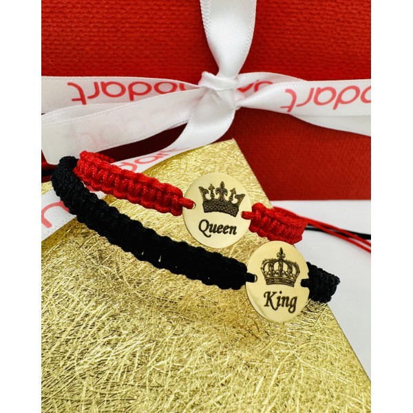 Set bratari aur cuplu, bratari cupluri aur 14k, banut 12 mm gravat,  dama/barbat,  snur reglabil rosu/negru, aur galben