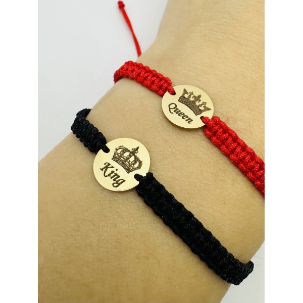 Set bratari aur cuplu, bratari cupluri aur 14k, banut 12 mm gravat,  dama/barbat,  snur reglabil rosu/negru, aur galben