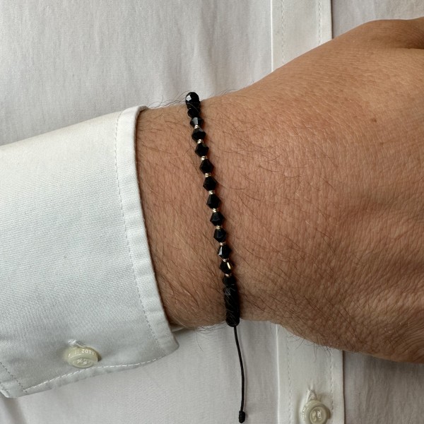 Bratara cu 10 bile aur 14k striate/simple si cristale de sticla biconice fatetate, barbat/dama, bilute aur 14k, snur gros, impletit din matase