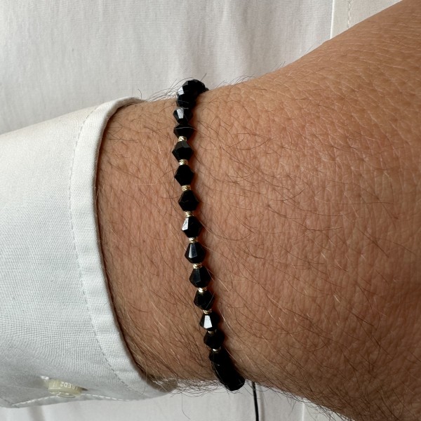 Bratara cu 10 bile aur 14k striate/simple si cristale de sticla biconice fatetate, barbat/dama, bilute aur 14k, snur gros, impletit din matase