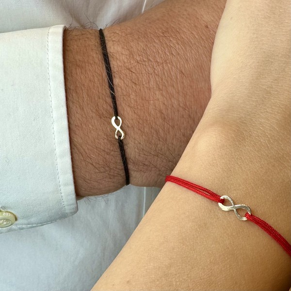 Set 2 bratari de aur pentru cupluri, aur 14k, dama/barbat, set familie infinit, snur reglabil rosu/negru, snur simplu sau snur gros impletit, infinit aur 14k galben