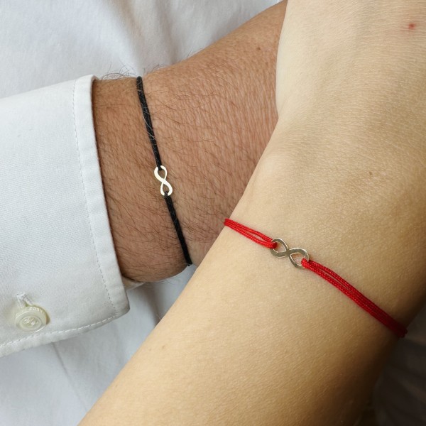 Set 2 bratari de aur pentru cupluri, aur 14k, dama/barbat, set familie infinit, snur reglabil rosu/negru, snur simplu sau snur gros impletit, infinit aur 14k galben
