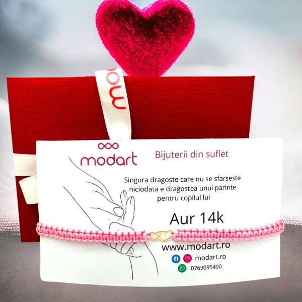 Bratara inimi aur, bebe/dama/copil/bebelus, piesa aur 14k, snur reglabil gros impletit sau snur simplu, mini figurina 2 inimi, hearts, auriu